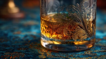 Elegant Glass of Whiskey with Ornate Design on a Textured Blue Surface