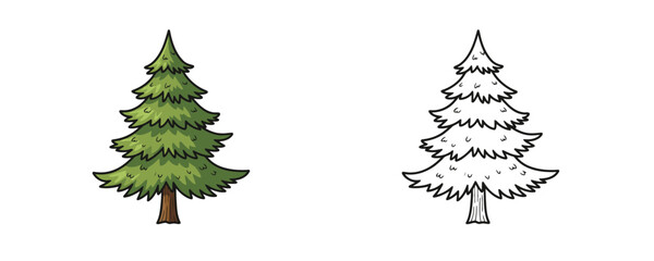 Fototapeta premium Green and black and white spruce tree illustrations in cartoon style with green and brown colors representing forest nature and christmas elements isolated on white background