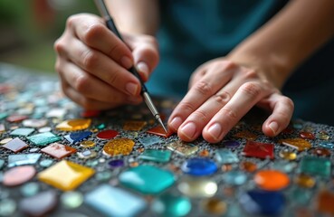 Woman uses tweezers to place small colorful glass pieces onto a surface. Close up hands craft a mosaic art project with tiny colorful tiles, focusing intently on detail.