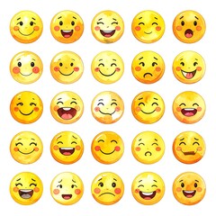 Fototapeta premium A collection of cartoon yellow smiley face emoticons with different expressions, watercolor style