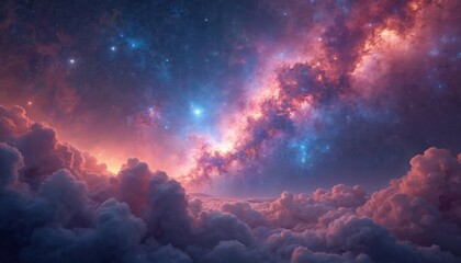 Colorful nebula and clouds fill starry night sky. Dreamy cosmic space scene with pink orange and blue light. Outer space exploration fantasy background.