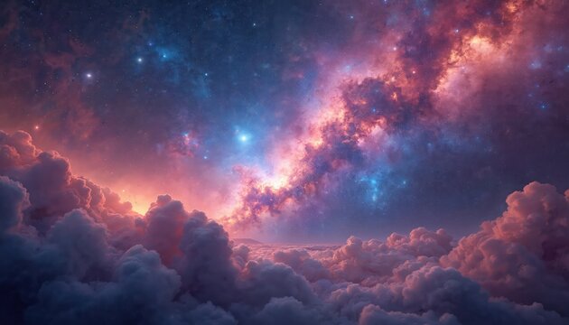 Colorful nebula and clouds fill starry night sky. Dreamy cosmic space scene with pink orange and blue light. Outer space exploration fantasy background.