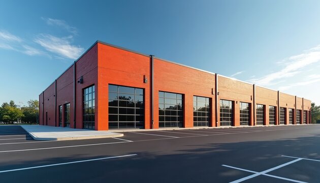 Modern commercial building with large glass garage doors. Bright orange brick exterior and ample parking. Ideal for offices, retail, or light industrial use in business park setting. Versatile space.