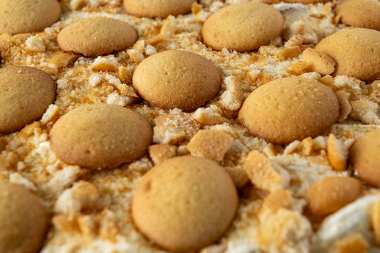 Close up of fresh banana pudding with vanilla wafer cookies on top