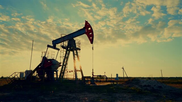 Oil Pump Jack Operates on Beautiful Sunset at Oil Field in Industrial Area. Crude pump jack working on sunrise in oil field. Oil drill rig, drilling derrick in oilfield. Crude petroleum industry. 