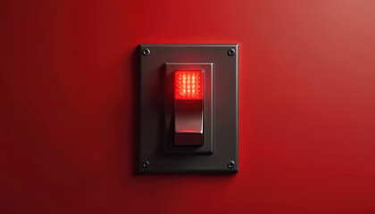 Red illuminated industrial switch is in the ON position. This electrical component sits on a plain red wall. Control mechanism with status indicator light.