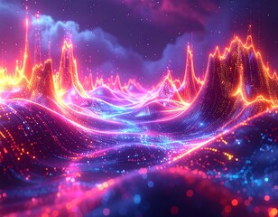 Vivid digital landscape with glowing mountains and flowing energy