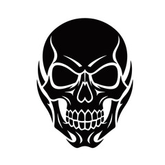 Obraz premium A striking black tribal skull design with sharp, stylized features and a menacing expression, isolated on a white background.