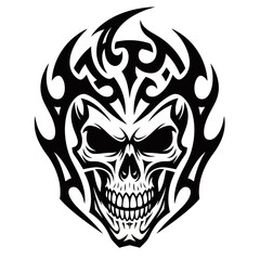 Black and white tribal skull design with stylized flames and aggressive expression, a fierce graphic resource.