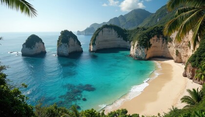 Tropical island cove with crystal clear turquoise water and sandy beach framed by rich green cliffs. Jagged rock formations rise from the calm sea under a bright blue sky.
