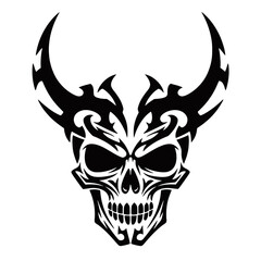 Stylized black and white skull with large tribal horns and intricate patterns, depicting a fierce and demonic aesthetic.