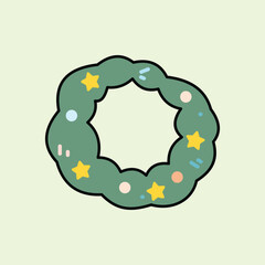 A cute green Christmas wreath illustration decorated with yellow stars and colorful ornaments on a pale green background. Perfect for festive holiday designs and seasonal decor.