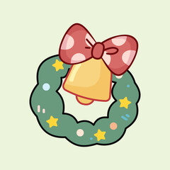 A cute green Christmas wreath featuring a golden bell and a pink polka-dot bow on a pale green background. A festive holiday illustration perfect for seasonal decor and cards.