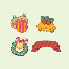 A festive set of Christmas illustrations including patterned baubles, golden bells with holly, a holiday wreath with a pink bow, and a red striped banner.