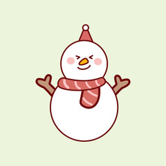A charming and cute snowman illustration wearing a red striped scarf and a matching hat, featuring stick arms and a friendly expression on a pale green background.