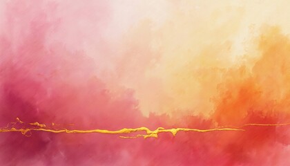 Obraz premium Watercolor texture blends pink red orange yellow hues. Textured paper shows abstract horizontal golden line. Soft gradient background evokes calm dreamlike mood. Artistic creative backdrop.