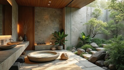 Zen bathroom with natural stone textures and indoor garden plants. Features stone tub, wooden ceiling, and large glass wall opening to greenery. Minimalist spa oasis.