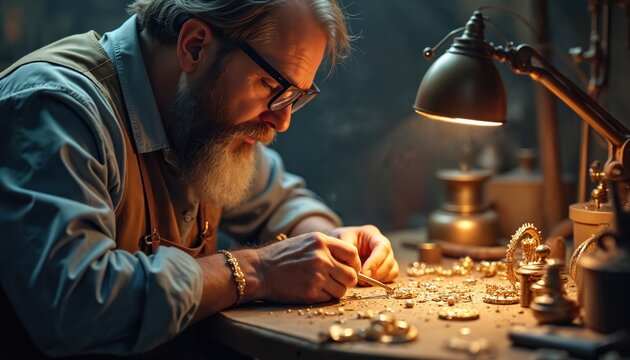 Bearded jeweler with glasses uses precision tool. Goldsmith creates intricate gold jewelry on workbench with lamp light. Expert craftsman works on detailed metal accessory.