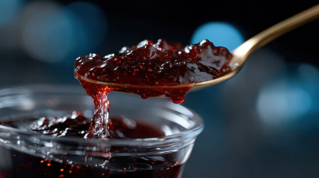 A spoonful of vibrant jam drips alluringly from above, showcasing the delicious texture and rich color, emphasizing the beauty and art found in homemade preserves.