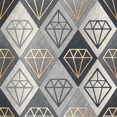 Seamless geometric pattern featuring stylized diamonds in gold black and various shades of gray
