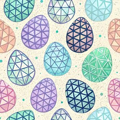 Pattern of colorful geometric patterned Easter eggs scattered across a lightly textured beige background