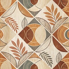 Abstract geometric wood grain pattern with stylized leaves and circular elements