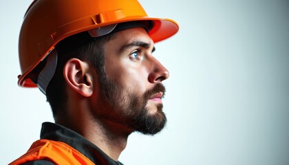 Man wearing orange hard hat and vest in profile. Bearded worker looks ahead with serious expression. Industrial occupation or safety concept.