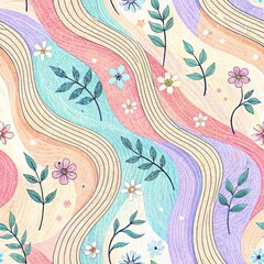 Seamless wavy pattern featuring pastel colors delicate flowers and stylized green leaves