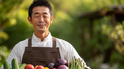 色とりどりの野菜かごを運ぶ男性の買い出し・作業シーン