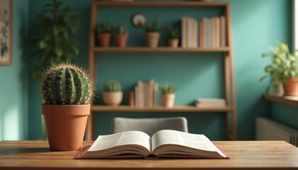 Open book and potted cactus on wooden desk in cozy room. Bookshelf with plants and literature in background. Peaceful study atmosphere promotes concentration and learning.