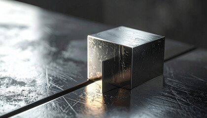 Metallic Cube: A captivating close-up showcases a solitary metallic cube resting on a textured, industrial metal surface, embodying precision and minimalist aesthetics. 