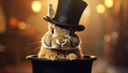 A fluffy brown rabbit sits in a black top hat against a softly lit, bokeh-filled background