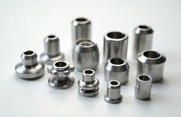 Collection of machined metal parts on white surface. Precision engineered components for various industrial applications. Metalwork from lathe production. Shiny mechanical elements.