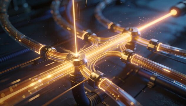 Futuristic industrial fiber optic network with glowing golden light pulses traveling through transparent glass tubes and metallic connectors for high speed data transmission