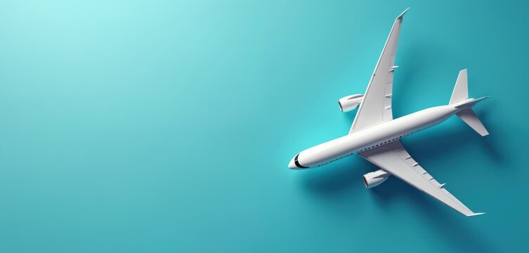 Top view white passenger jet airplane flies in clear blue sky. Minimalist background with copy space for travel business concepts and ad text.