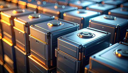 Powerhouse of Innovation: A close-up view of a collection of gleaming, high-tech batteries, showcasing the potential of sustainable energy and cutting-edge technology.