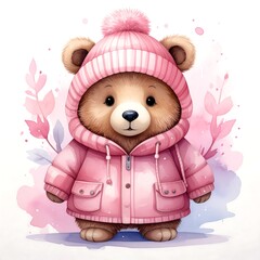 A fluffy, charming teddy bear wearing a pink, striped beanie and a cozy, matching pink winter coat