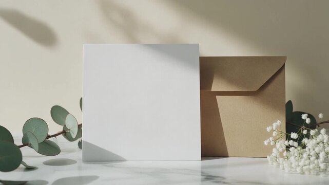Blank white card and kraft envelope with eucalyptus and baby's breath on a light background.