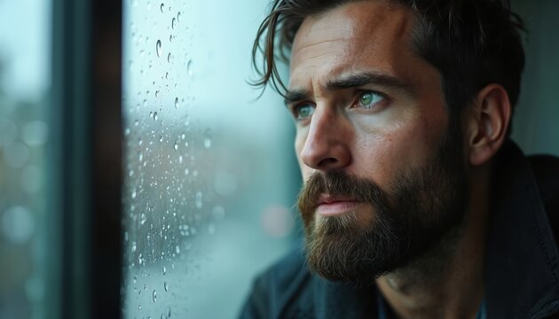 Bearded man looks through wet window pane. Gloomy mood outside, raindrops run down glass. Person thinks deeply about life, waits for better days indoors. - Powered by Adobe