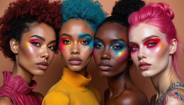 Four diverse women feature bold colorful face makeup artistry. Models display vibrant eye and lip cosmetics. Creative beauty looks express individuality and style.