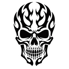 Stylized black and white skull with tribal flame patterns, vector illustration.