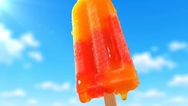 Bright Orange Red Popsicle Against Clear Blue Sky In Summer.