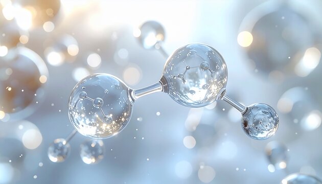 Molecular structure with clear spheres connected by rods, science concept with bokeh