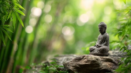 Serene buddha statue amidst lush bamboo grove. Artificial intelligence image