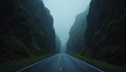 Empty asphalt road winds through steep, mossy cliffs shrouded in thick fog. Moody, atmospheric scene, perfect for tales of journey or mystery.