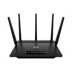 Fototapeta premium Modern black Wi-Fi router with multiple antennas and LED indicator lights, isolated on white.
