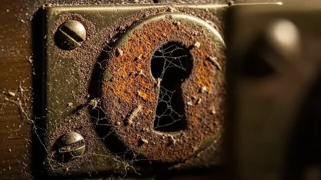 Close up of an old rusty lock with cobwebs and dust.