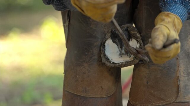 A cowboy wearing leather chaps and gloves trims a horse&rsquo;s hoof in an outdoor stable. The close-up shot highlights traditional cowboy gear, hard work, and rustic ranch life