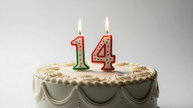 Birthday cake with lit candles forming number 14, celebration, anniversary, milestone