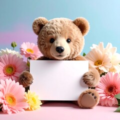 A fluffy teddy bear holds a blank white card, framed by pink, peach, and white flowers against a soft pastel background